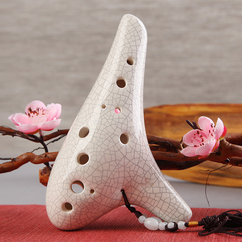 White Crackle - 12 Hole Ocarina Alto C Front View